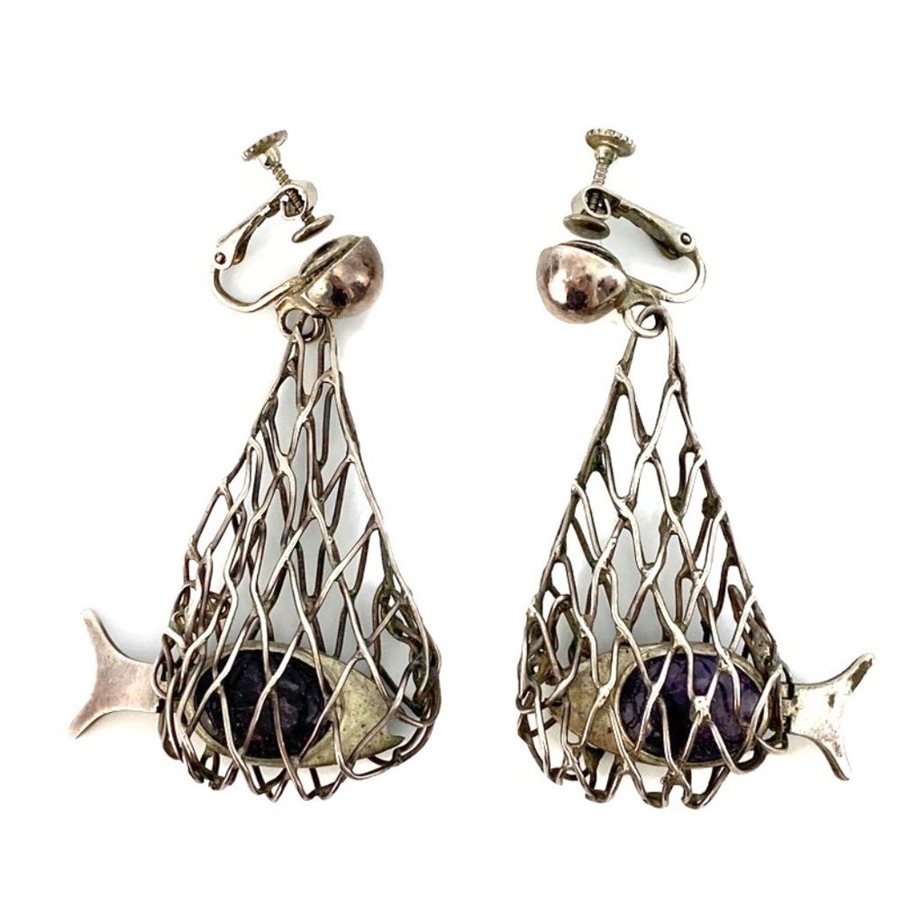 Mark Carsi Sterling Fish Net Dangling Earrings